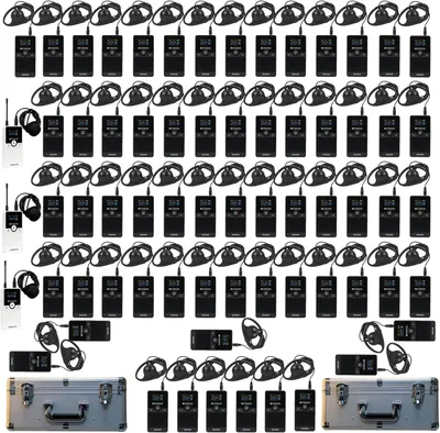A collection of Retekess TT116 tour guide system devices and accessories, including transmitters, receivers, headphones, and a charging case, neatly arranged on a white background.