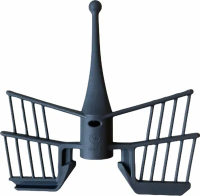A close-up studio shot of a gray kitchen mixer attachment.