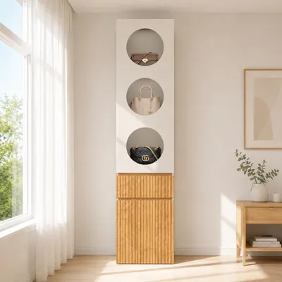 Produktbild von Hochschrank 45x50x200cm, 1 Schublade, 2 Türen, schmal, helle Eiche (Light Grey+Natural), KI-generiertes Bild