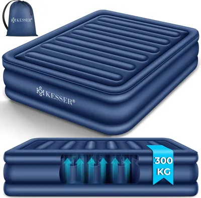 A dark blue inflatable mattress with a storage bag, shown from two angles. The bottom angle shows a cutaway view illustrating internal support structures and arrows indicating air flow, with a blue banner displaying '300 KG'.