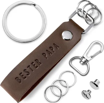 Produktbild von FABACH Papa Leder Schlüsselanhänger mit wechselbarem Schlüsselring in Geschenkbox - Papa Geschenk Anhänger für Vatertag und Geburtstag mit Bester Papa Gravur - Schlüsselband braunes Leder