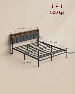 Produktbild von VASAGLE Bettgestell 160 x 200 cm mit Stauraum, Metallrahmen, Bett mit LED-Beleuchtung und Kopfteil, schwarz-braun