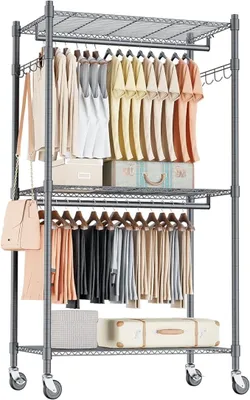 Produktbild von Doppelter Kleiderständer/Kleiderstange mit Höhenverstellbaren Regalen, Kleiderständer mit 2 Haken, Kleiderständer mit Rollen, 60 * 42 * 205cm, Grau