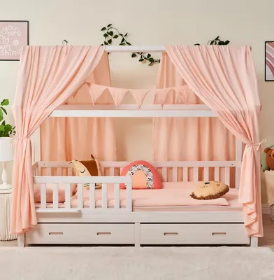 Produktbild von Alavya Home Hausbett CLOUD 90 x 200 cm Komplett-Set mit Musselin Dekoset Rosa, Schublade und Kindermatratze COZY (Kaltschaum)