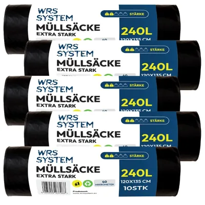 Zdjęcie produktu dla WRS System Zestaw 5 worków na śmieci 240 l 5x10 szt. Wytrzymałe worki na śmieci Worki budowlane Worki na odpady budowlane – czarne – do pojemników