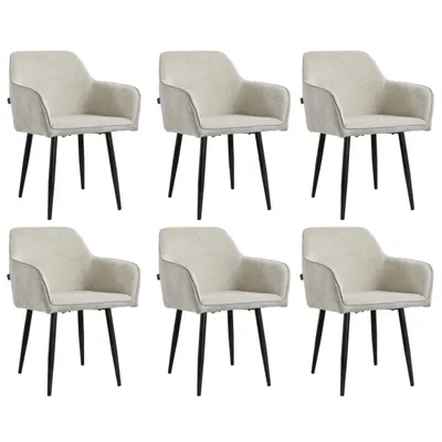 Six beige dining chairs with black metal legs are arranged in two rows of three against a white background.