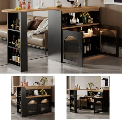 Produktbild von okwish 360° Drehbarer Esszimmertisch Bartisch, Moderner Ausziehbar mit Schrank, Stehtisch Sideboard mit LED-Beleuchtung, Schwarz