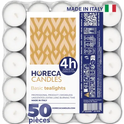 Image de HORECA CANDLES Lot de 50 bougies chauffe-plat blanches, 4 h, sans parfum