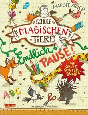 A colorful illustration of various animals and school supplies on a grid background, suggesting a children's book or activity book.