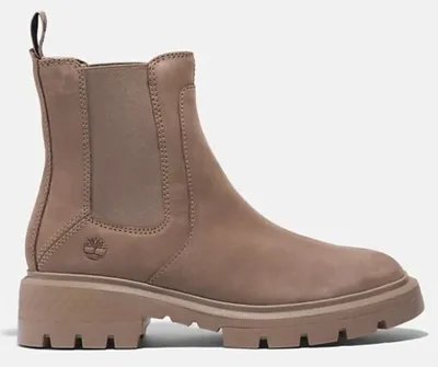 A single taupe Timberland Chelsea boot is shown against a light gray background.