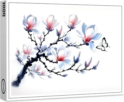 Image de Puzzle Raxxa Premium « Magnolia et papillon – Peinture à l'encre asiatique », 1 000 pièces