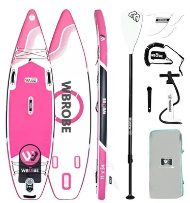 Obrázek produktu pro Nafukovací paddleboard (SUP) – 335x86x15 cm – nosnost 200 kg – dvouvrstvé PVC – lehké, včetně příslušenství – růžová barva