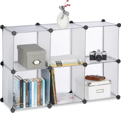 Produktbild von Relaxdays Regalsystem mit 6 Fächern, Standregal offen, Steckregal aus Kunststoff, HxBxT: ca 65 x 96 x 32 cm, transparent