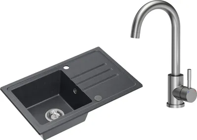 A black granite kitchen sink and a silver faucet are shown against a white background.
