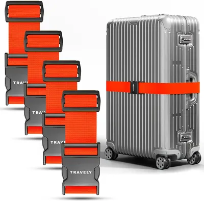 Produktbild von Kofferband Set, 4 Stück, orange, mit 2 Namensschildern, für Reisen