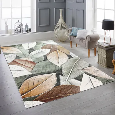 Zdjęcie produktu dla Nowoczesny dywan w naturalnych kolorach do salonu i sypialni we wzór liści w kolorze zielonym Rozmiar - 140 x 200 cm