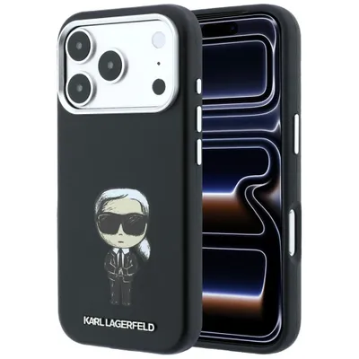 Image de Coque pour iPhone 18 Pro, design Karl Lagerfeld, avec motif, compatible MagSafe, en simili cuir noir, avec logo en métal