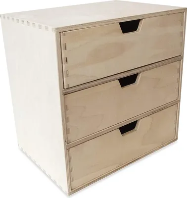 A three-drawer wooden storage box.