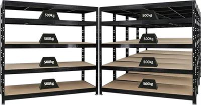 Produktbild von Mega Deal | 5x Profi Schwerlastregal Rhino | HxBxT 180x200x60cm | 5 Spanplatten-Ebenen 8mm | Fachlast 500kg | Schwarz