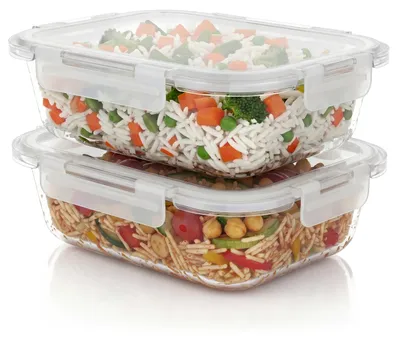 Produktbild von Arendo Lunchbox Glas 2er Set, Frischhaltedosen 2x 1520 ml, Borosilikatglas, luftdicht, auslaufsicher, mikrowellen-, backofen- und gefriergeeignet, stapelbar, transparent/weiß