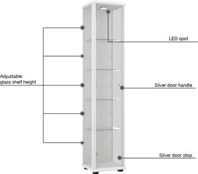 Immagine prodotto di K-Möbel Vetrina in vetro da appoggio in bianco (176x37x33 cm) con 4 ripiani in vetro regolabili in altezza e LED - Vetrina da appoggio - Vetrina da esposizione - Vetrina per collezionisti
