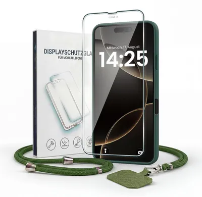 Produktbild von Handyhülle für Apple iPhone 18 Pro Max mit Handykette und 9H Displayglas Displayschutz Band Kordel Hülle Case Schutzhülle Grün