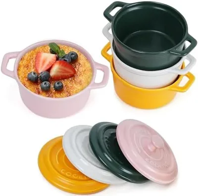 Productafbeelding van PromoHome® Set van 4 porseleinen ramekins met deksels en handgrepen - 270 ml, geschikt voor oven, magnetron en vriezer