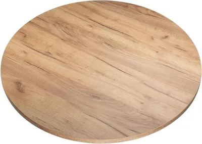 A round wooden tabletop with a wood grain pattern.