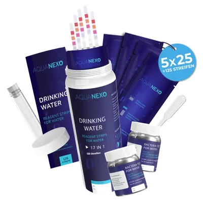 Obrázok produktu pre Aquanexo testovacie prúžky na pitnú vodu 125 ks 16 v 1 + 2 bakteriálne testy + pipeta + skúmavka