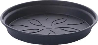 A dark gray plant saucer with a decorative pattern on the inside.