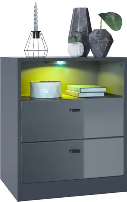 Produktbild von Vladon Kommode Pino V1, Germany, Nachttisch mit 2 Schubladen & 1 offenem Fach, Anthrazit matt/Grau Hochglanz mit LED RGB (56 x 67,5 x 36 cm)