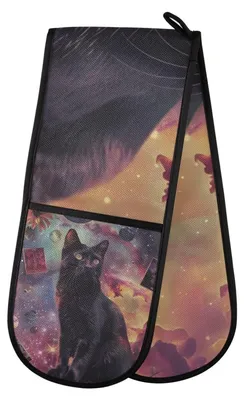 Produktbild von Ofenhandschuhe mit Schwarz Katze Motiv - Doppelte Ofenhandschuhe für Backen und Kochen