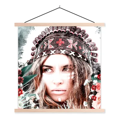 Produktbild von MuchoWow® Textilposter Frau - Blumen - Indischer Kopfschmuck - Rosen - Blumen 40x40 cm mit holzfarbenen Rahmen - Posterleiste