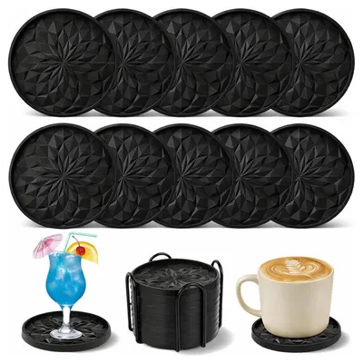 Produktbild von Silikon Untersetzer Set 10er mit Halter, rutschfest, hitzebeständig, dick, tropfsicher mit Rand, schwarz, spülmaschinengeeignet für Tischschutz Küche Bar