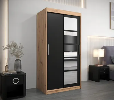 Obrázek produktu pro Šatní skříň se zrcadly ARABELA - šířka 100 cm, dub artisan / černá