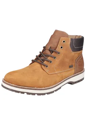 A single brown leather boot is shown against a white background.