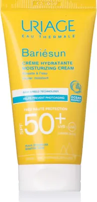 A yellow tube of Uriage Bariésun moisturizing sunscreen with SPF50+.