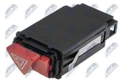 A close-up studio shot of a red and black car hazard light switch.