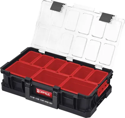 An open storage box with multiple compartments.