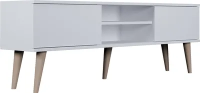 Produktbild von TV-Lowboard Fernsehtisch 160 cm in Weiß – Soft-Close Türen, Stauraum & Kabeldurchlass – Skandinavisch Holzfüße, Holzbeine – Für Fernseher bis 70 Zoll – Micky