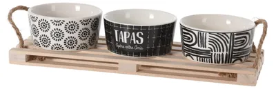 Produktbild von Excellent Houseware Tapas-Servierset, Holz/Porzellan, 28,5 x 10 x 1,5 cm, weiß/schwarz