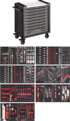 Immagine prodotto di Carrello da officina VIGOR Serie XL piano di lavoro in acciaio inox con assortimento V4481-X/499