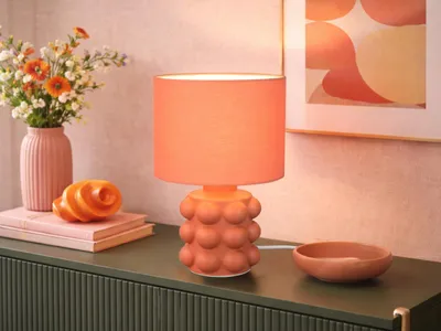 Produktbild von Retro LED Tischlampe mit Lampenfuß Keramik & Stoff Lampenschirm Orange Höhe 30cm