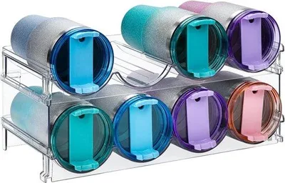 Productafbeelding van Famanu flessenorganizer set van 2 – Transparante, stapelbare flessenhouder, 39 x 21 cm – Capaciteit: 8 flessen