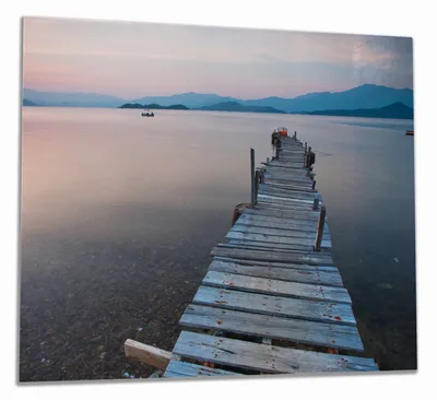 Produktbild von Wallario Herdabdeckplatte aus Glas, Größe 60 x 52 cm 1-teilig, Motiv Steg am See- Idylle bei Sonnenuntergang