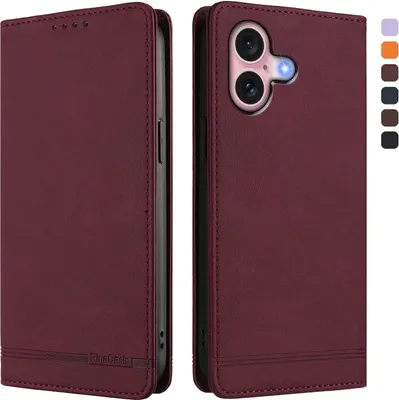 Produktbild von Hülle für iPhone 16, Retro Kunstleder Ständer Klapphülle mit Kartenfächer und Magnetische Rot