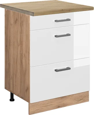 Zdjęcie produktu dla Szafka dolna do kuchni Vicco R-Line Biały wysoki połysk 60 cm z szufladami, BP Dąb, Model 46765