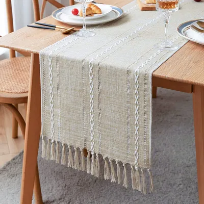 Produktbild von Geflochtener Tischläufer Vintage Gewebt Tischläufer Baumwolle Leinen Tischdekorationen mit Quaste 33*160cm