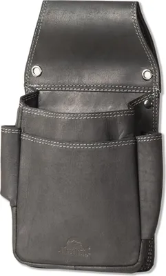 A dark gray leather tool pouch with multiple pockets and a flap closure.