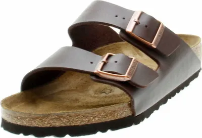 A single brown Birkenstock sandal is shown against a white background.